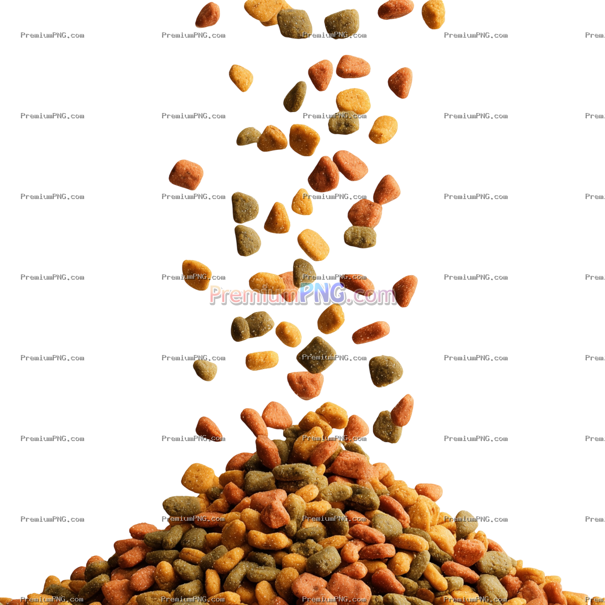 Dry pet food dropping from above onto a pile isolated on transparent background