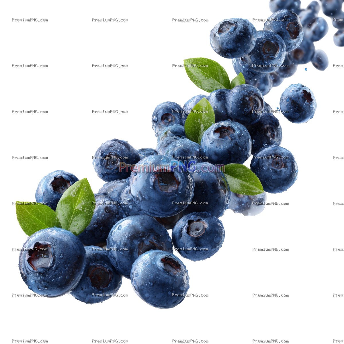 Falling blueberries isolated on white background