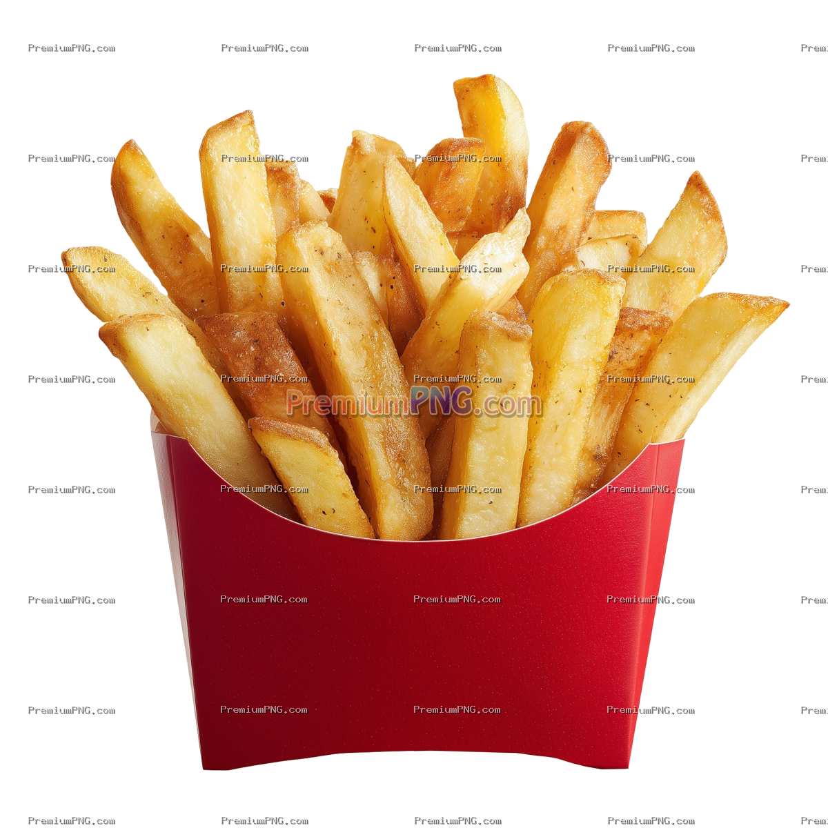 Crispy Golden French Fries in Red Paper Box Isolated on Transparent Background