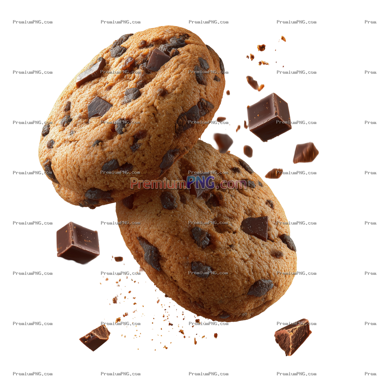 Flying Chocolate chip cookies with pieces of chocolate isolated on transparent background