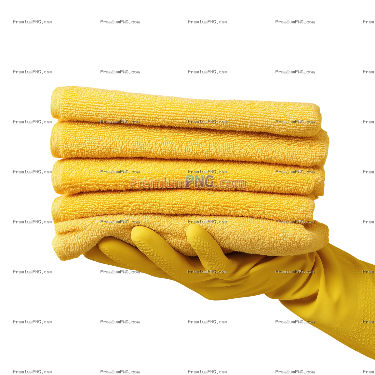 Gloved Hand Holding Folded Yellow Microfiber Towels