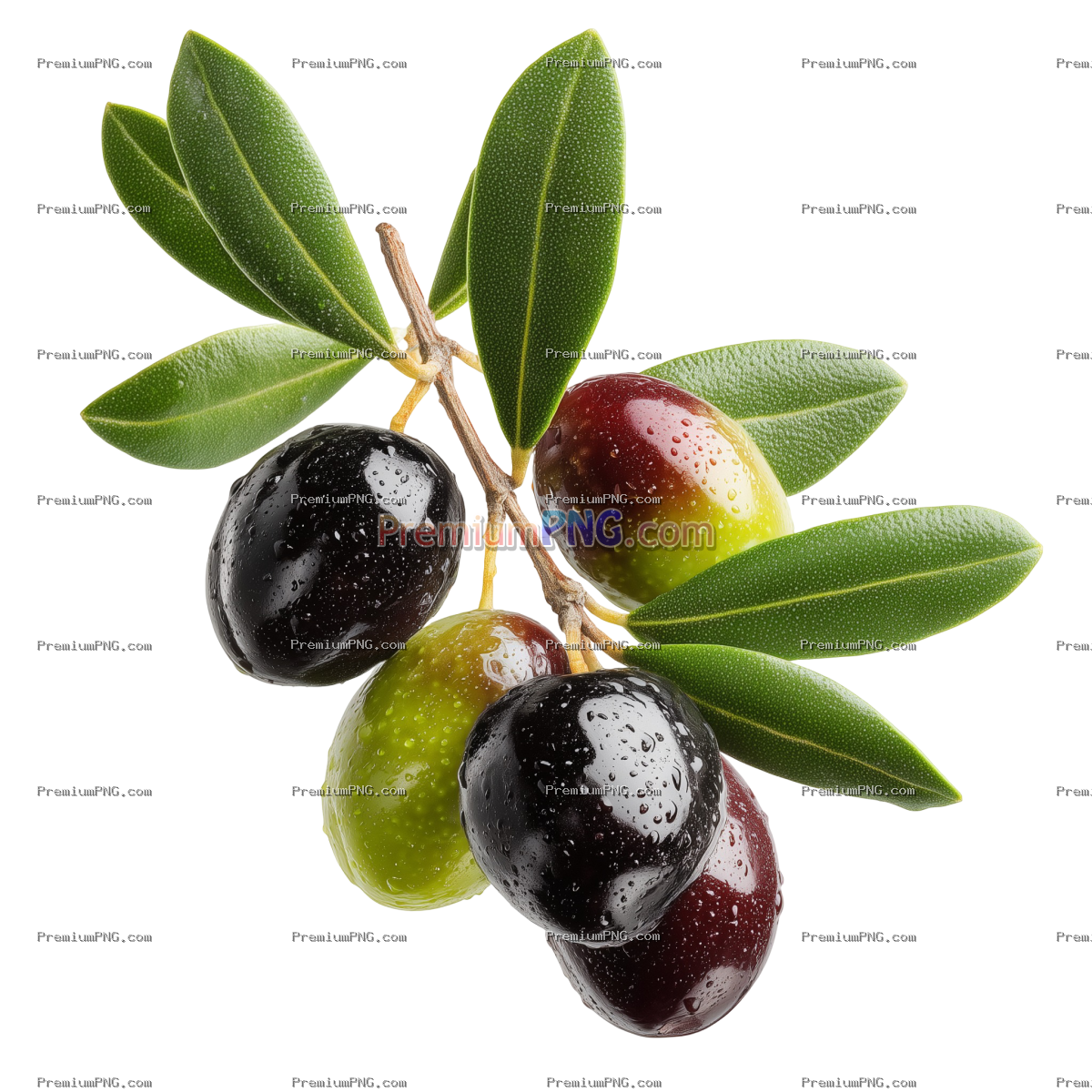 Green olives on branch with leaves