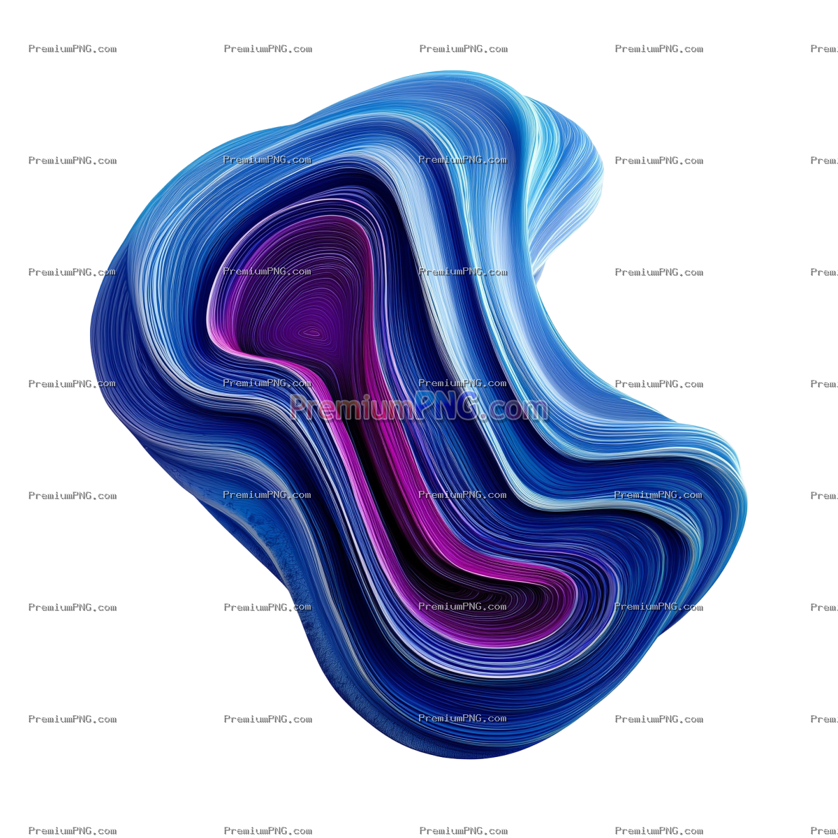 Fluid blue and purple abstract shape with layered curved lines, 3D rendered