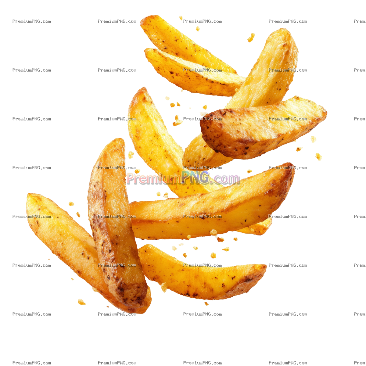Flying delicious potato fries, cut out isolated on white background