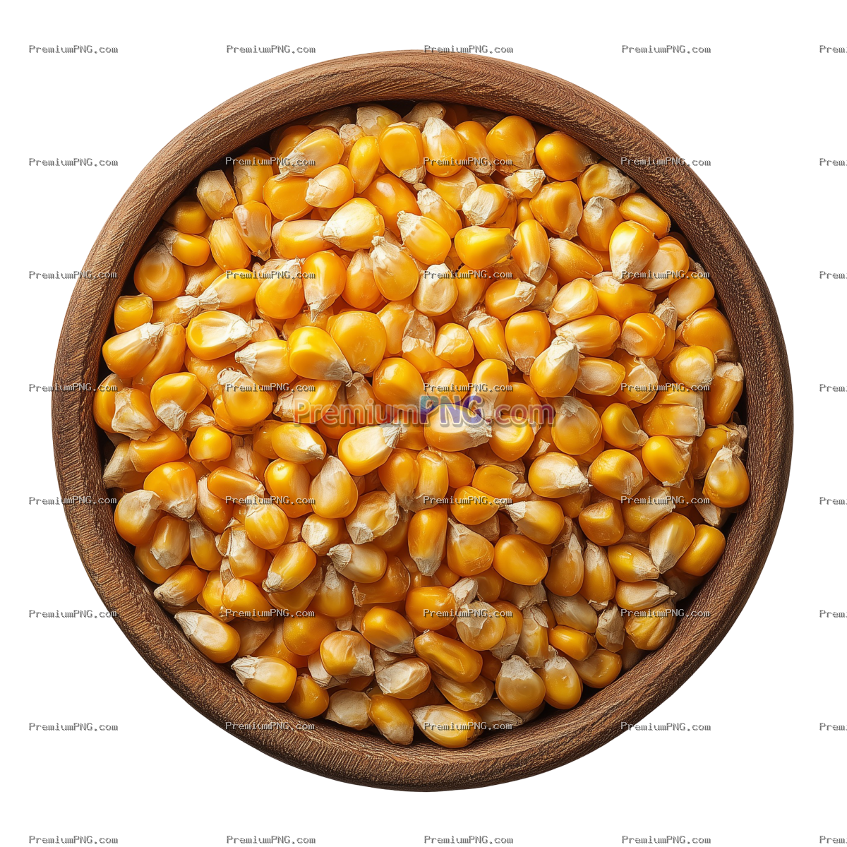 Freshly harvested corn kernels in a wooden bowl top view