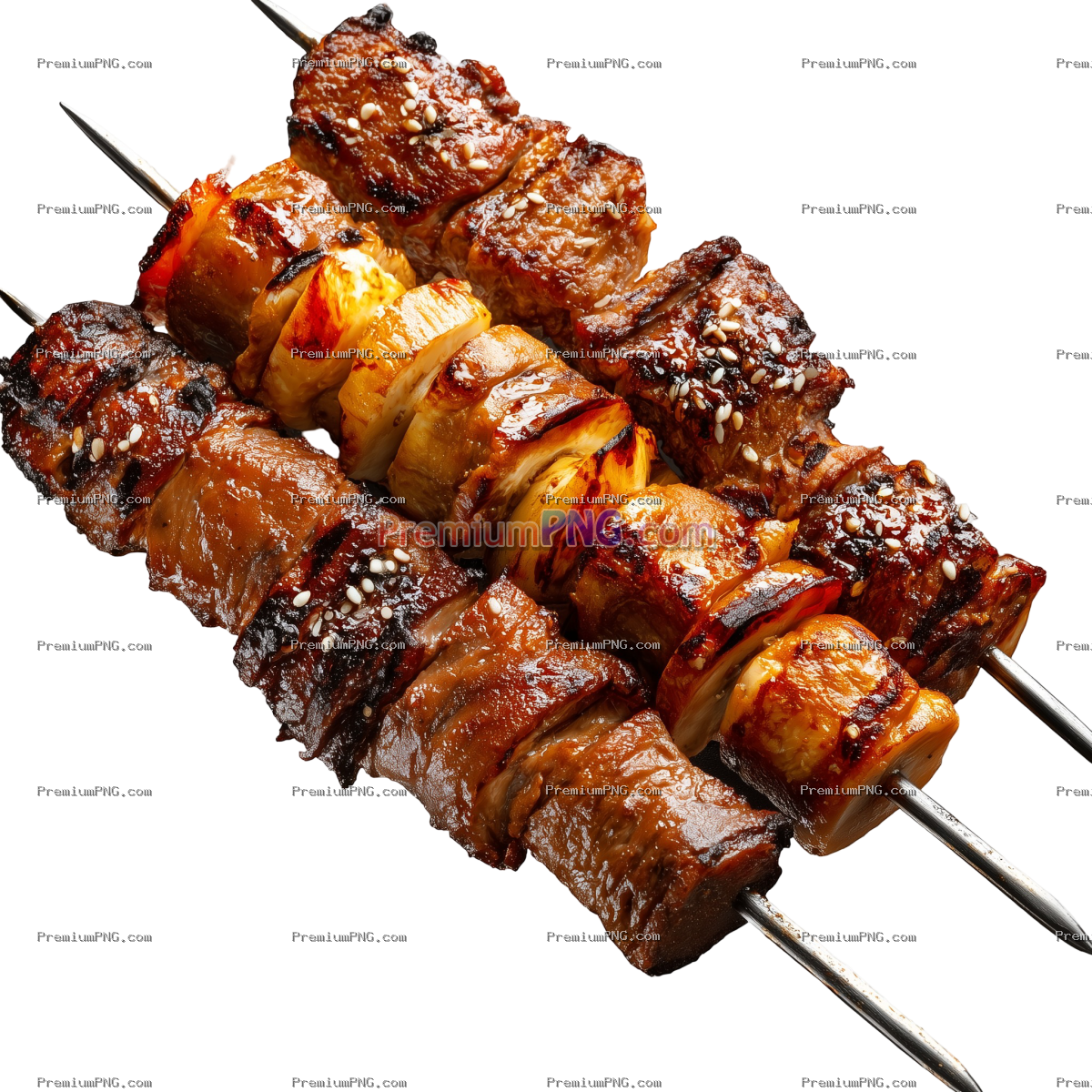 Grilled meat skewers isolated on transparent background