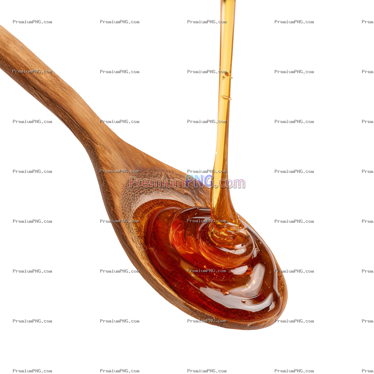 Honey flowing from a wooden spoon