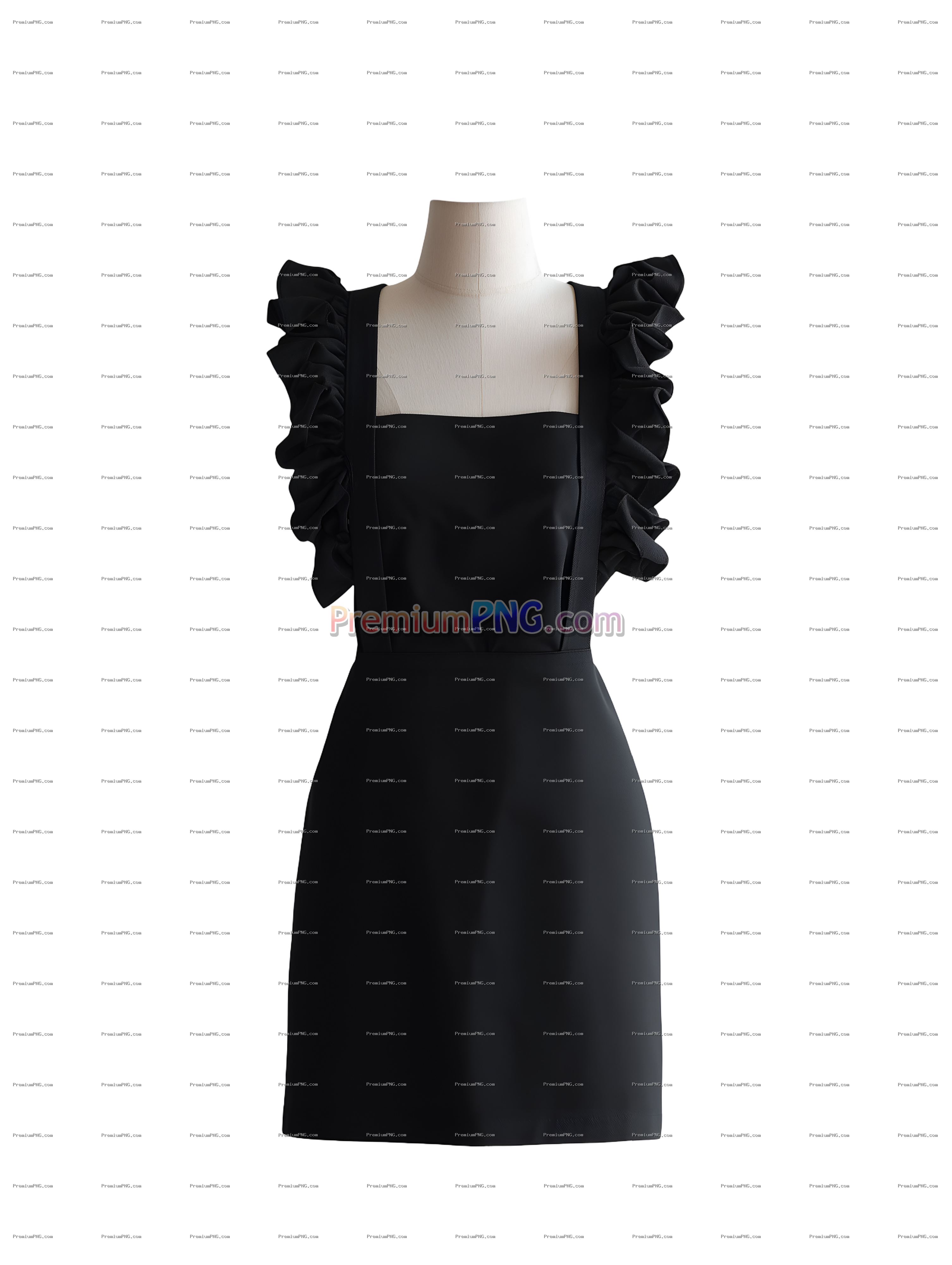 Modern Minimalist Black Apron with Ruched Ruffle Straps on Mannequin