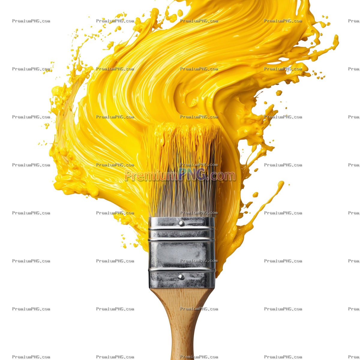 Paintbrush in yellow paint splash isolated on transparent background