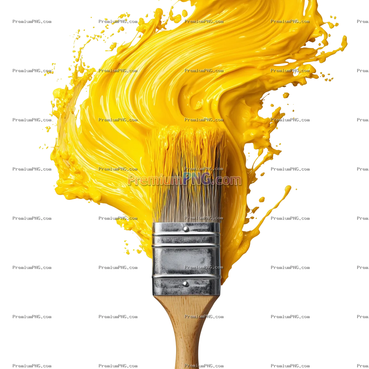 Paintbrush in yellow paint splash isolated on transparent background
