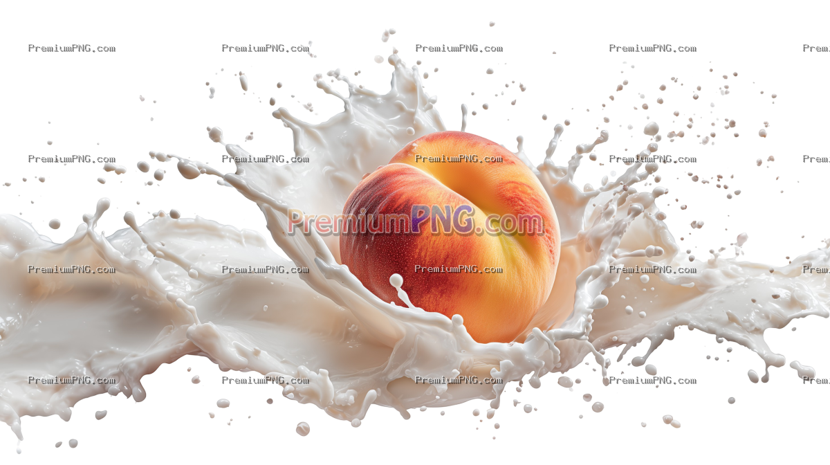 Peach is falling into milk. Splash isolated on transparent background