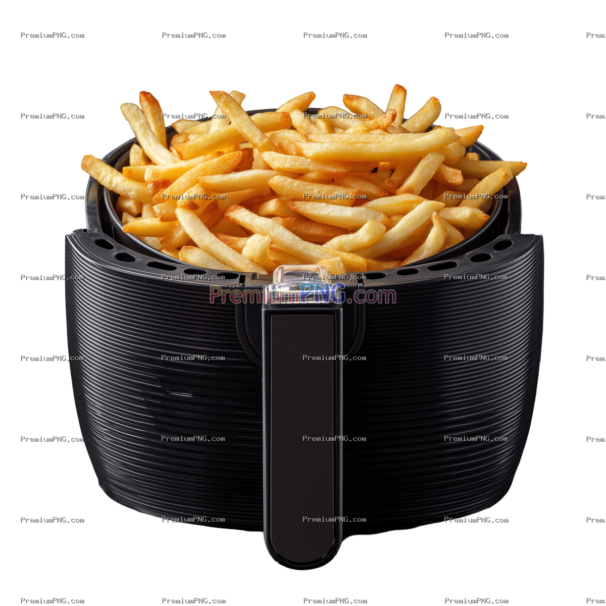 Close up of a black air fryer filled with golden brown french fries