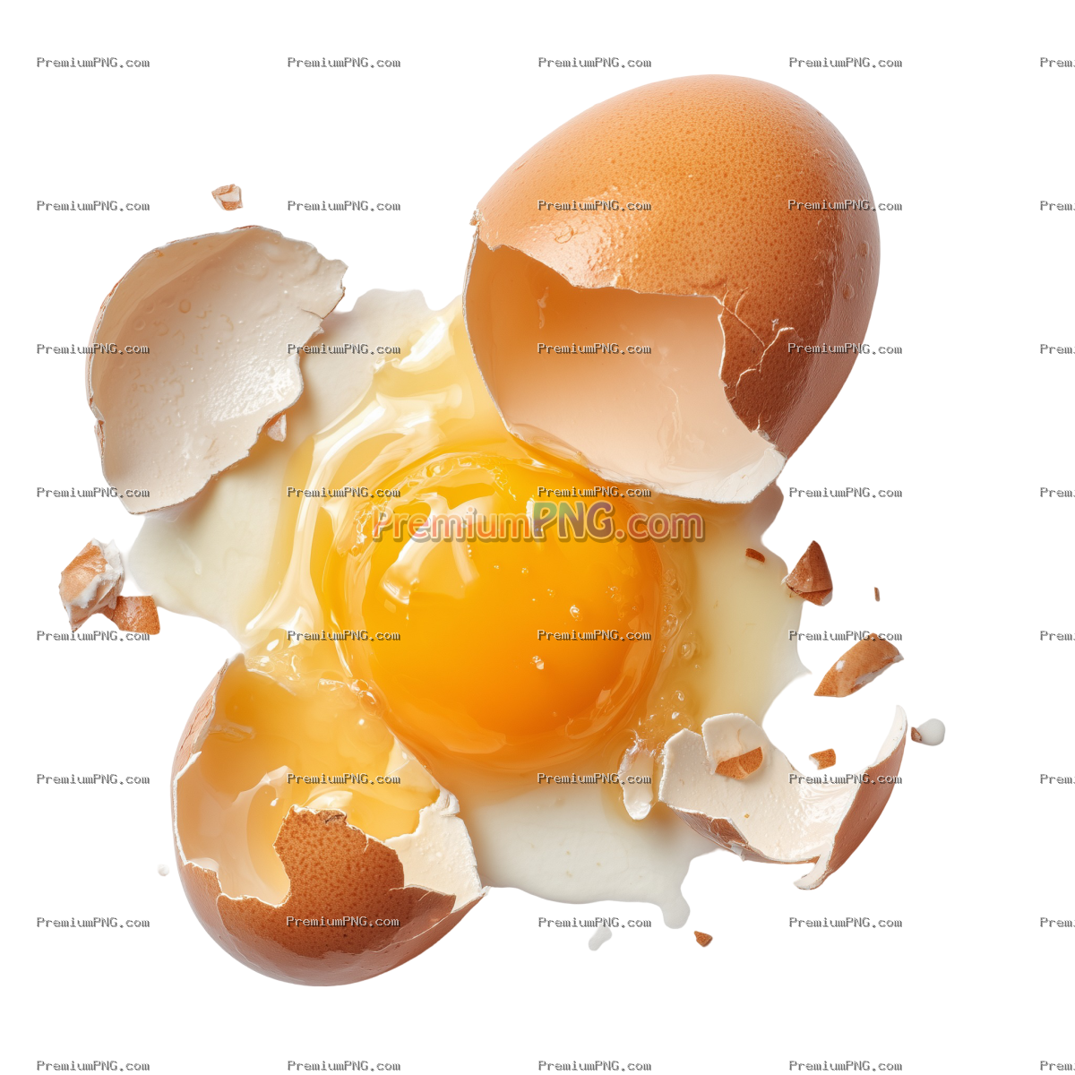 Close-up of a broken egg with yolk and shell on a white background