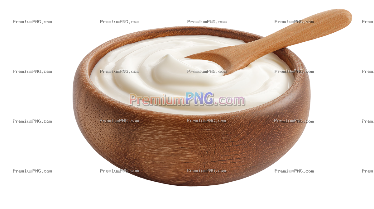 Creamy yogurt in wooden bowl with spoon isolated on white background