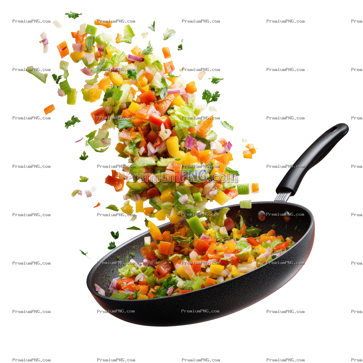 Fresh chopped vegetables mix flying in a pan, isolated on transparent background