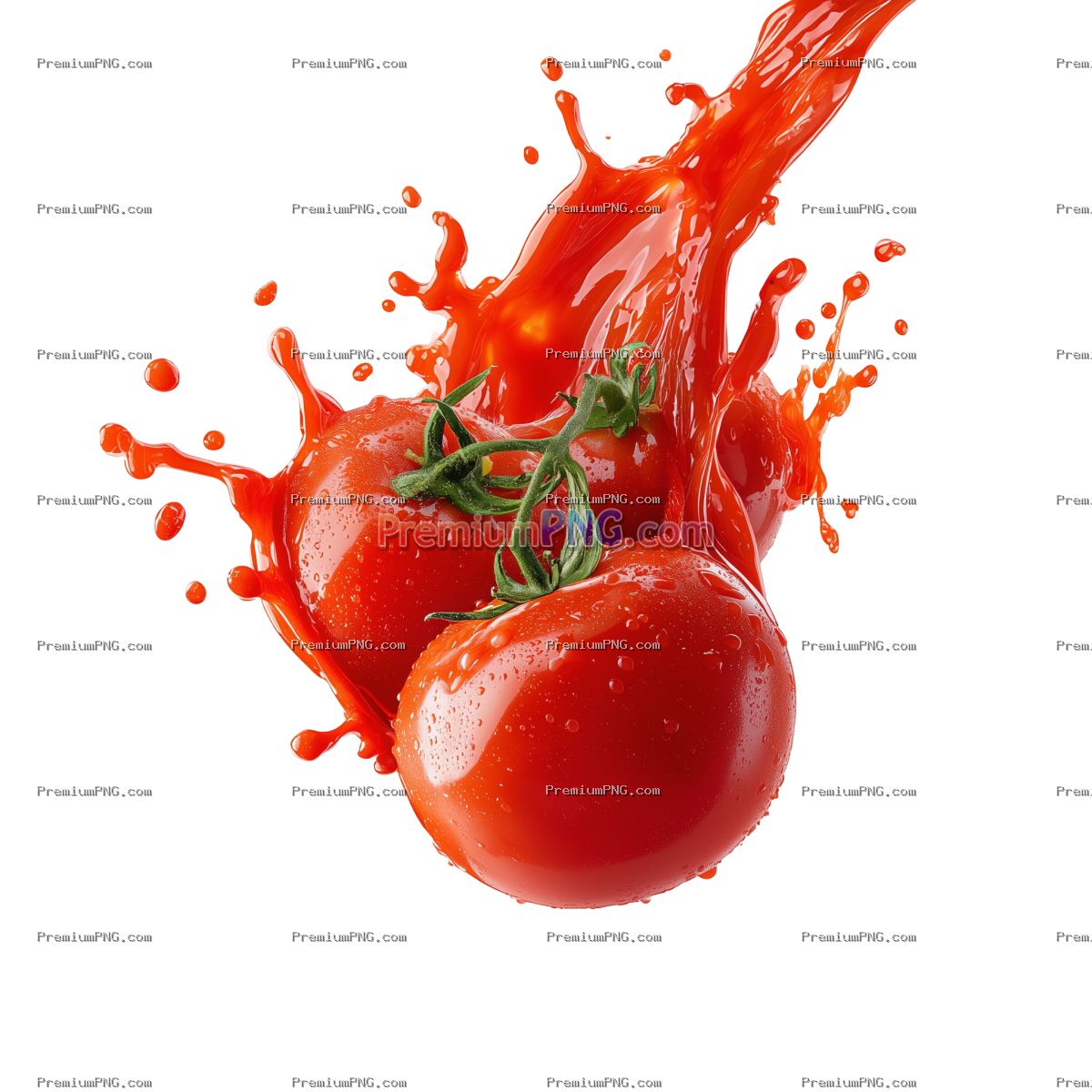 fresh tomato splashing in delicious ketchup, cut out isolated on transparent background