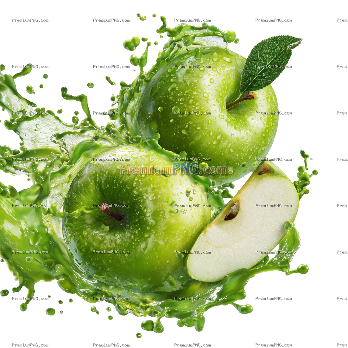 green apple and sliced green apples fruit with green splashes