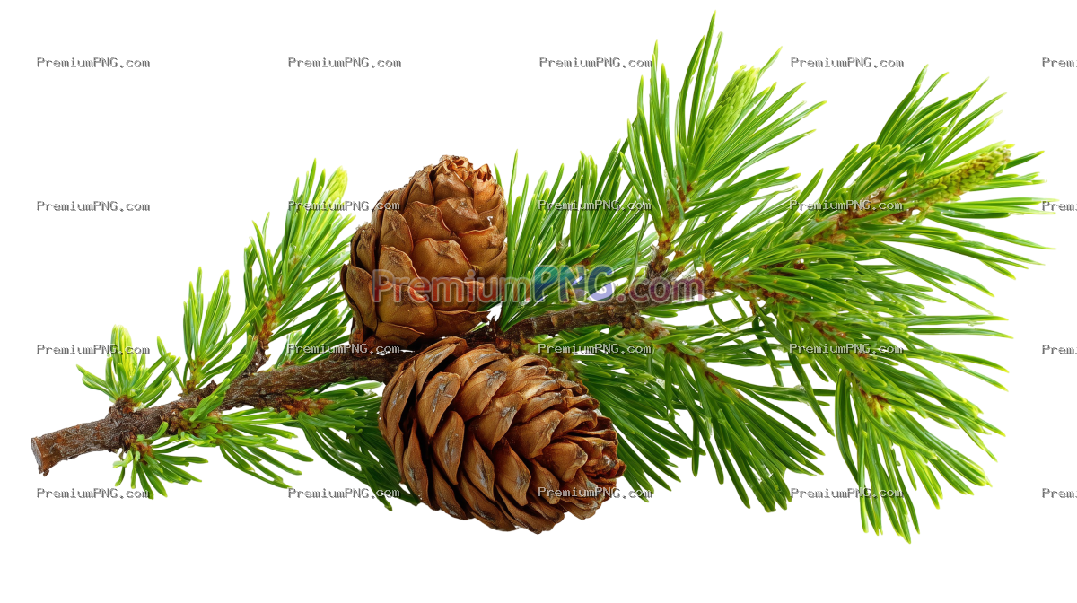 Lush green pine branch with two brown pinecones on white background
