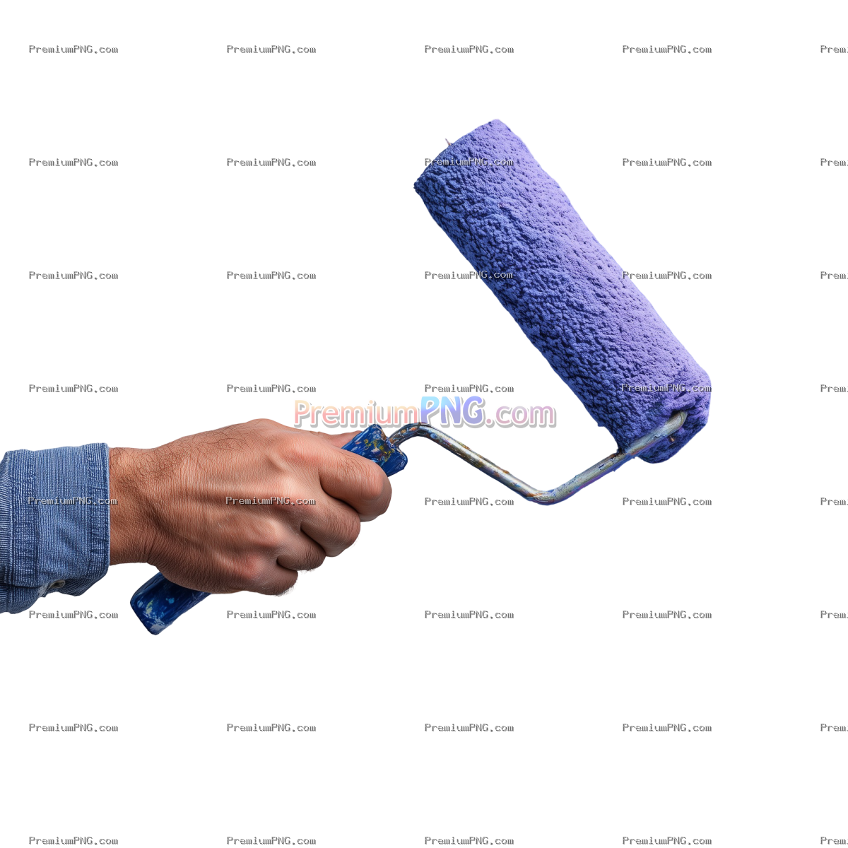 Man Applying Blue Violet Paint on White Wall with Roller Brush