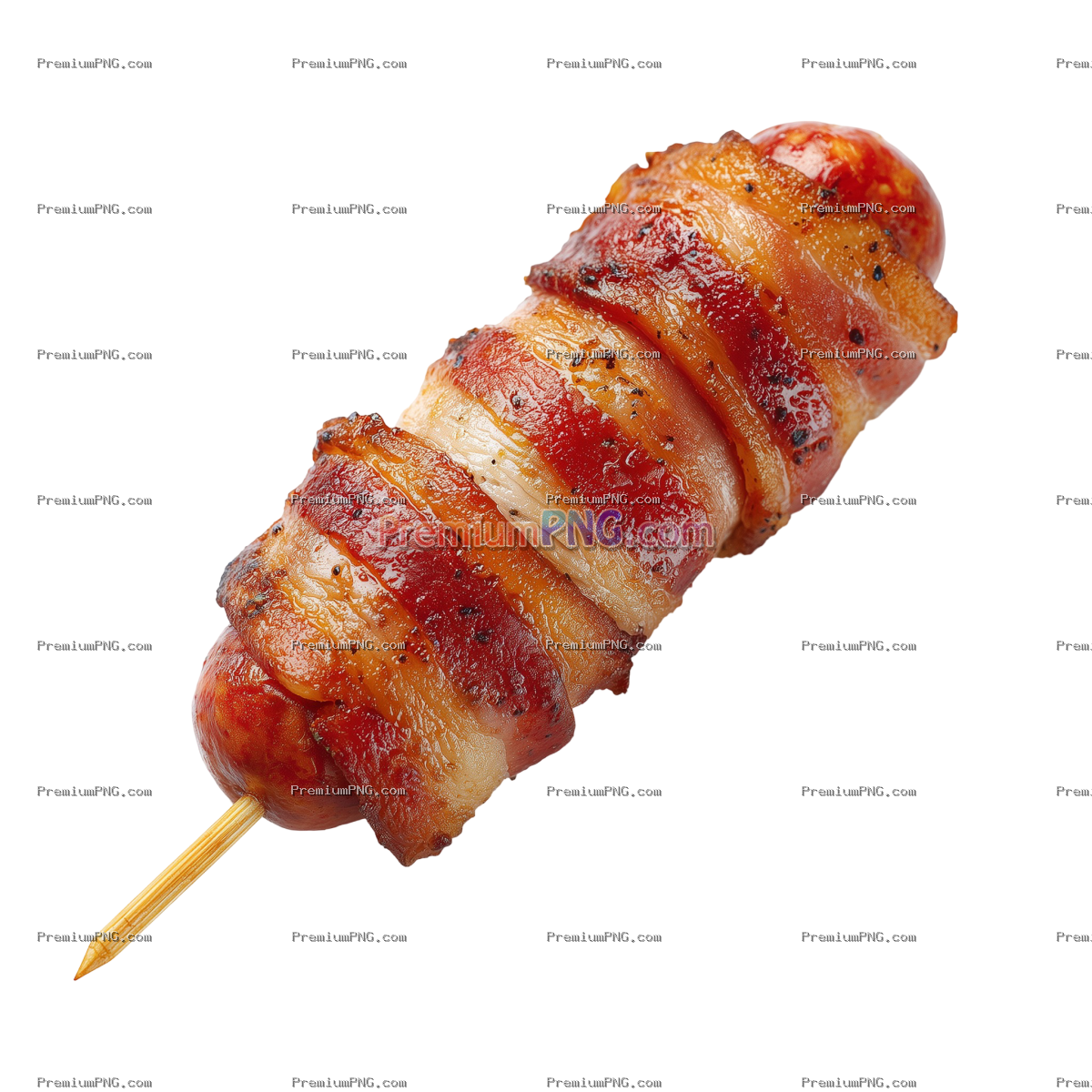 One piece of bacon-wrapped sausage on a stick, isolated on a white background, ultra-realistic photo