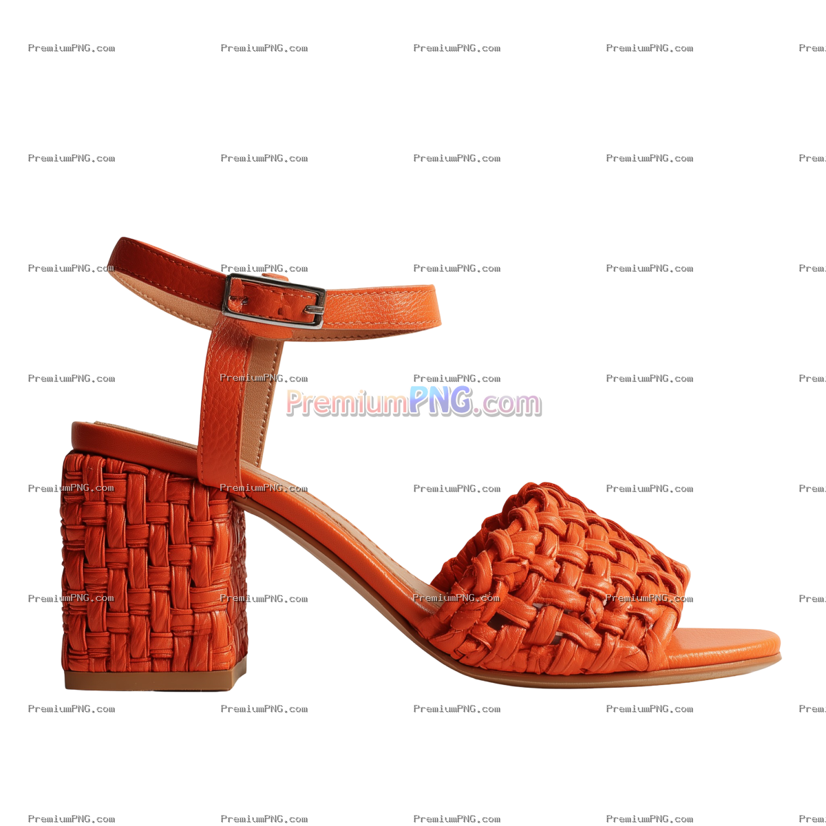 Orange Leather Woven Block Heel Sandal Cutout