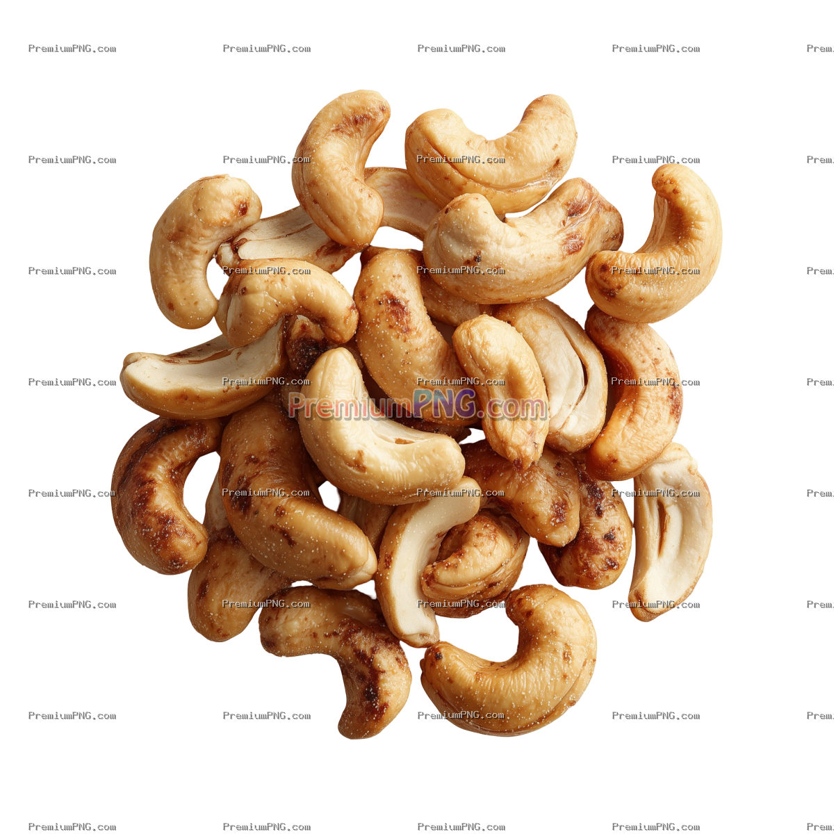Pile of roasted cashew nuts isolated