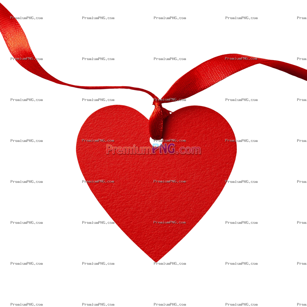 Red heart-shaped tag with a ribbon on a plain transparent background