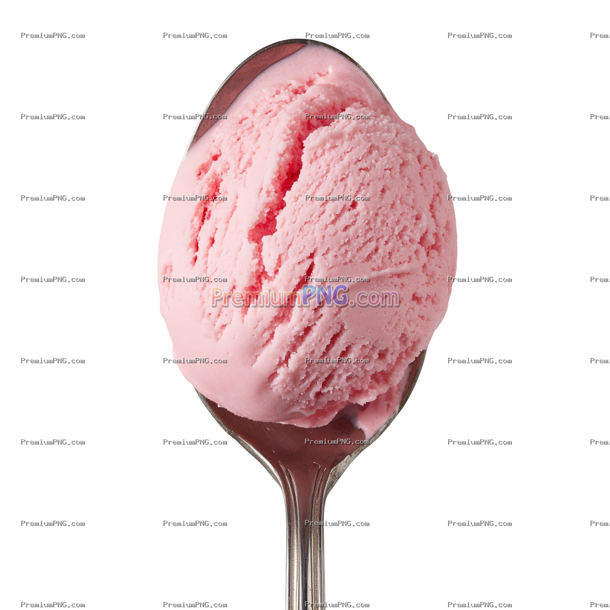Scoop of pink ice cream on a metal spoon isolated on white background
