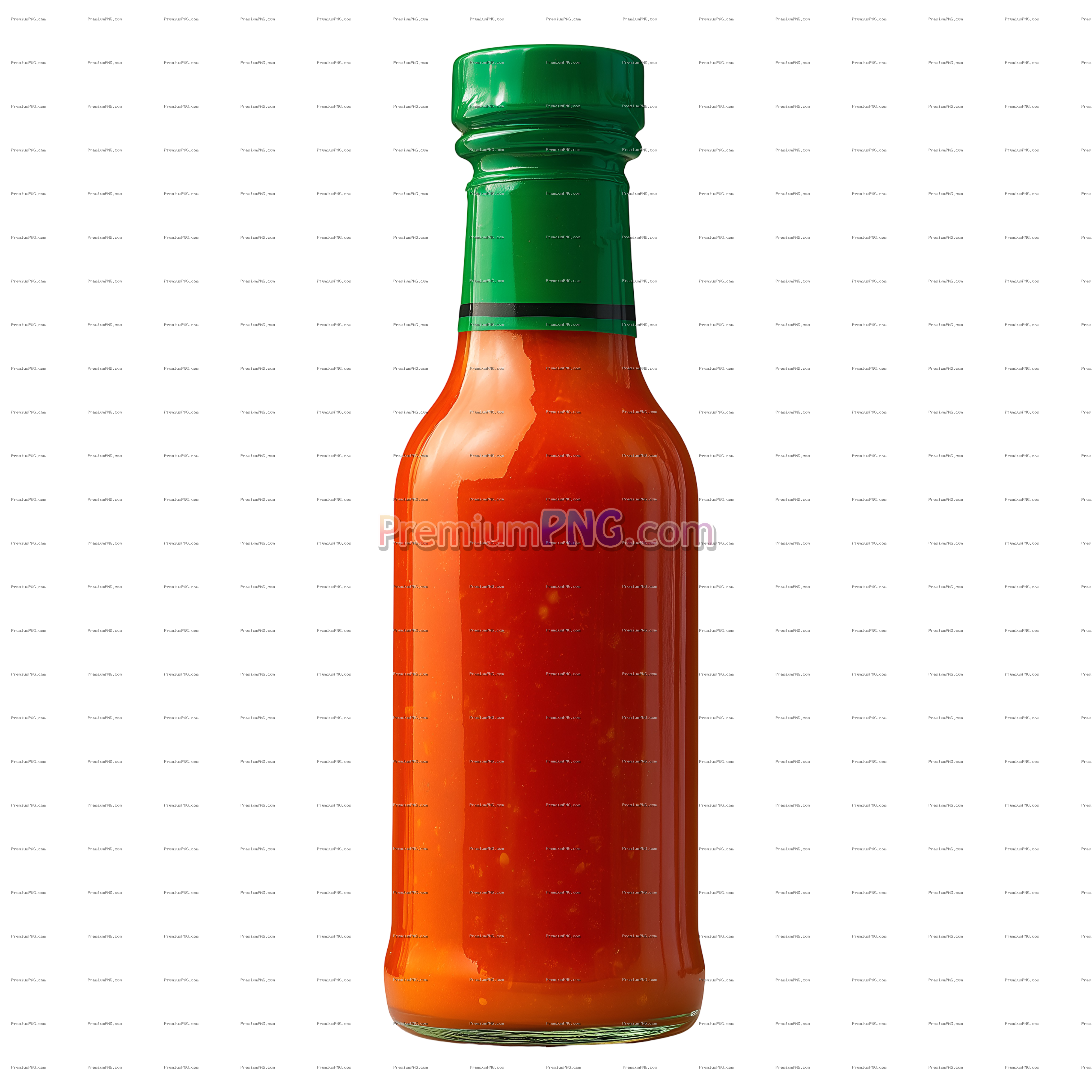 Vibrant Hot Sauce Bottle with Green Cap PNG - Isolated Transparent Background Stock Photo