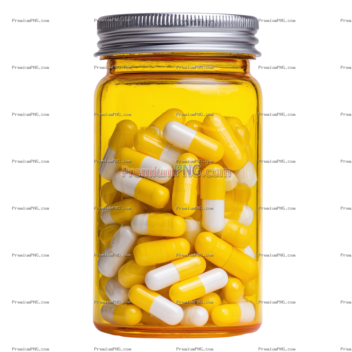 Transparent Background Prescription Bottle with Yellow and White Capsules PNG