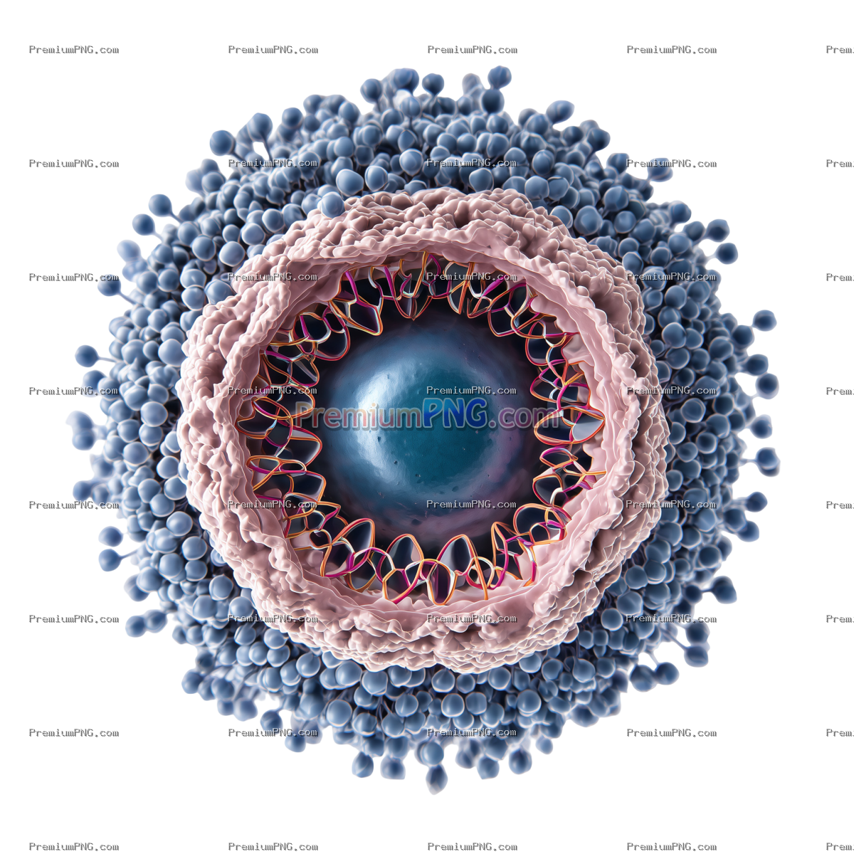 2D depiction of a liposome nanoparticle featuring a nucleus, isolated