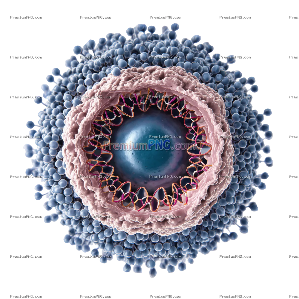 2D depiction of a liposome nanoparticle featuring a nucleus, isolated