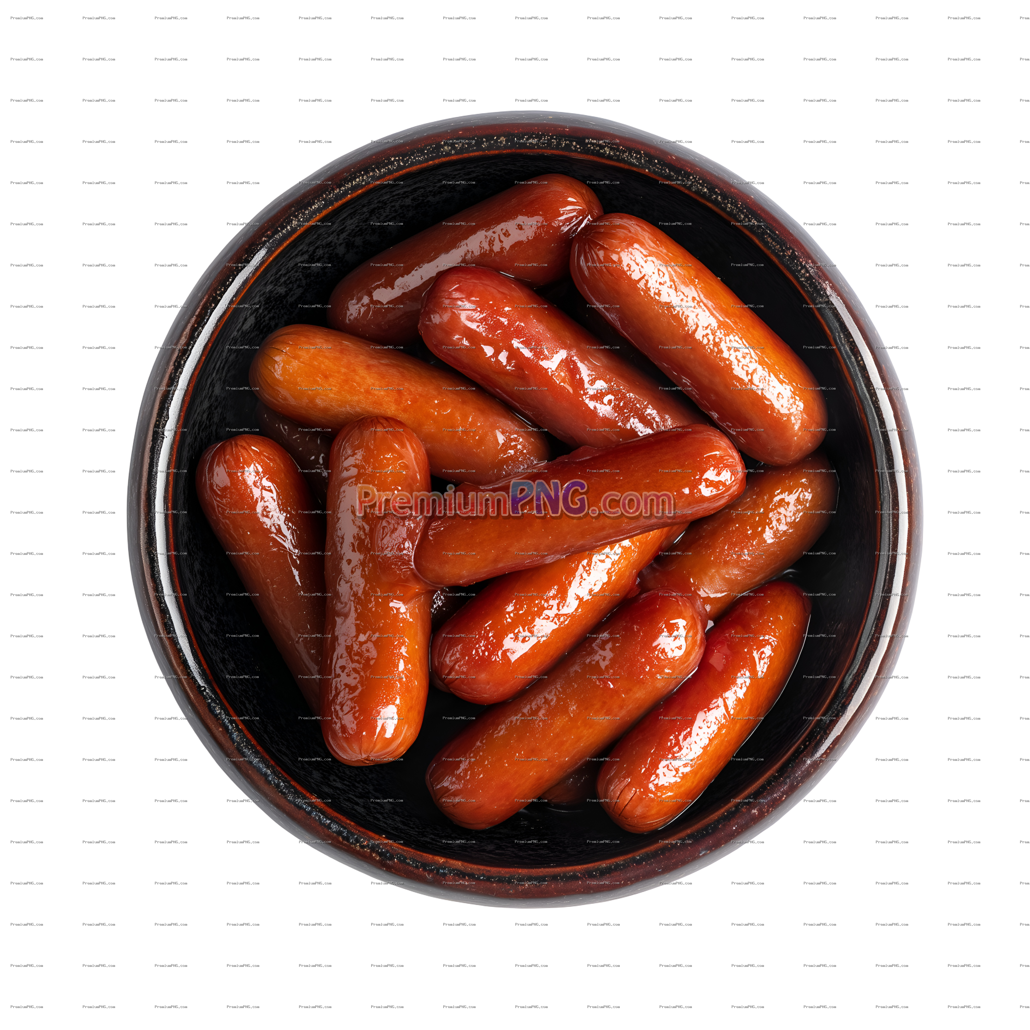 Overhead View of Mini Hot Dogs in Dark Ceramic Bowl