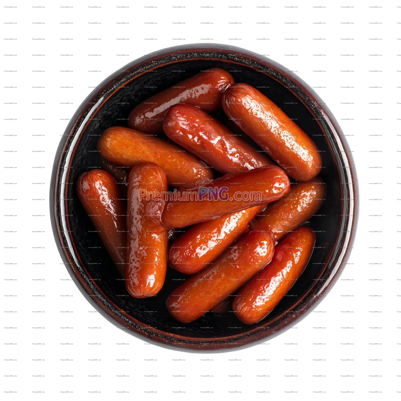 Overhead View of Mini Hot Dogs in Dark Ceramic Bowl