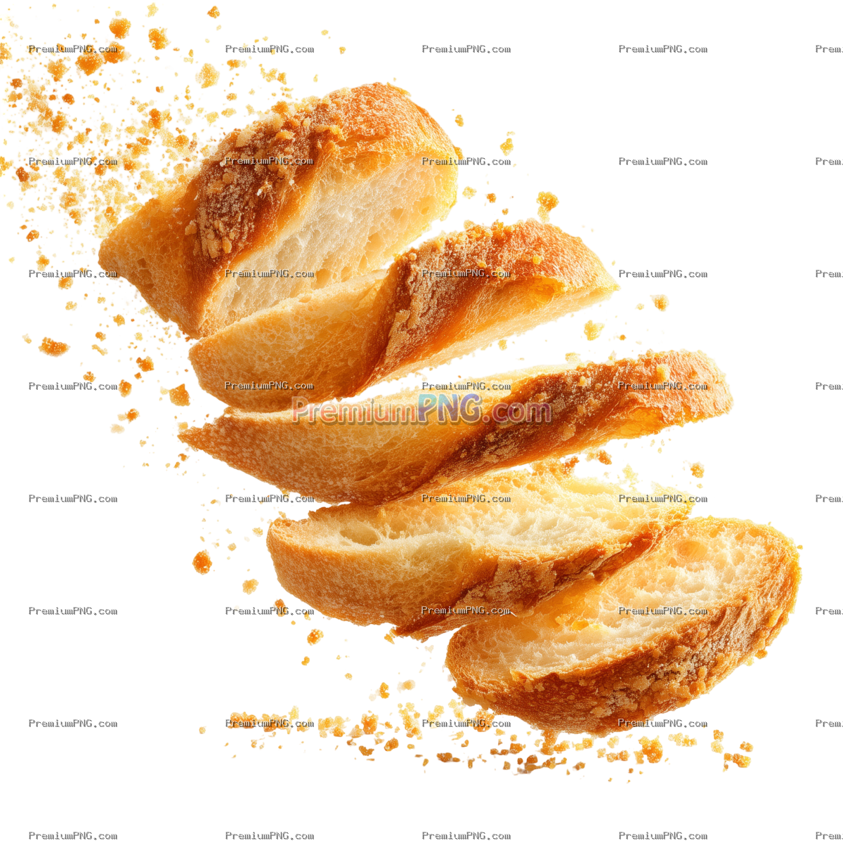 Crispy Sliced Baguette Bread with Flying Crumbs Isolated on Transparent Background