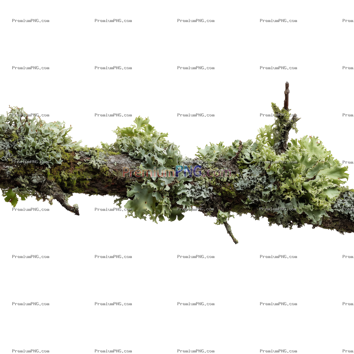 Lush Mossy Branch Covered in Lichen Isolated on Transparent Background