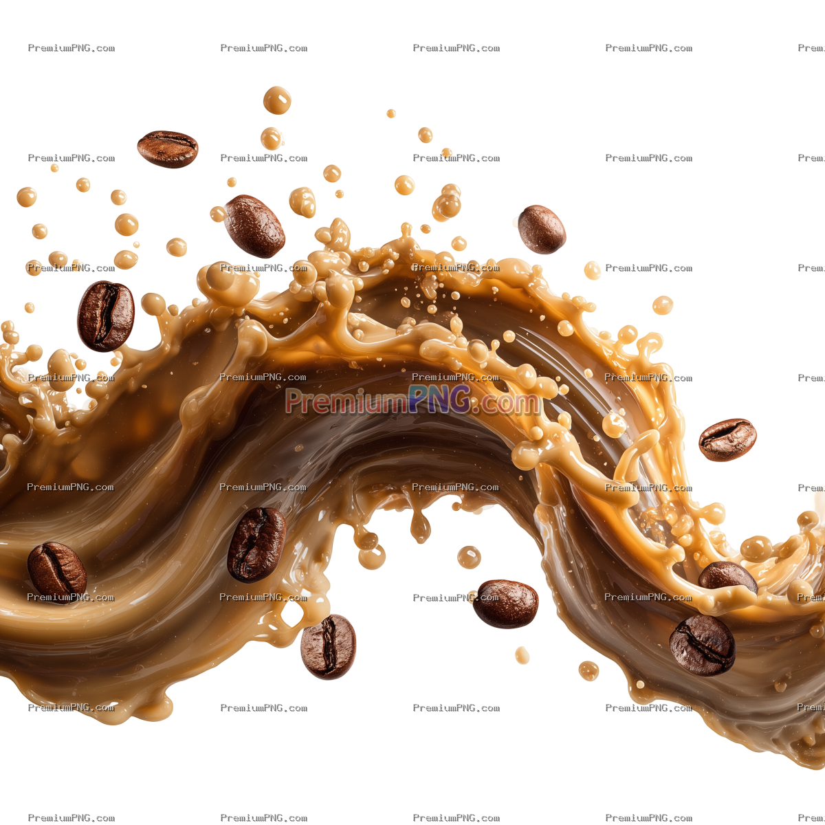 Milk Brown coffee liquid swirl splash and little bubbles with falling coffee Beans isolated on trans