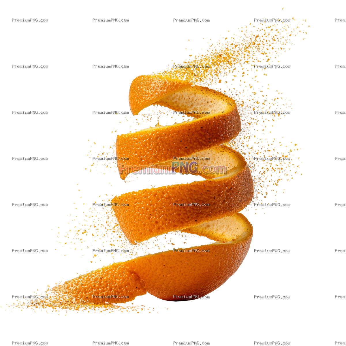 Fresh Orange Peel Spiraling Off the Fruit Isolated on Transparent Background