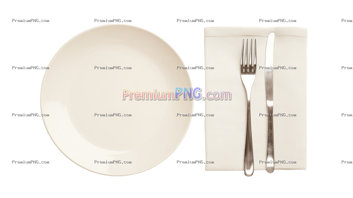 Empty Plate with Knife, Fork, and White Towel Isolated on Transparent Background