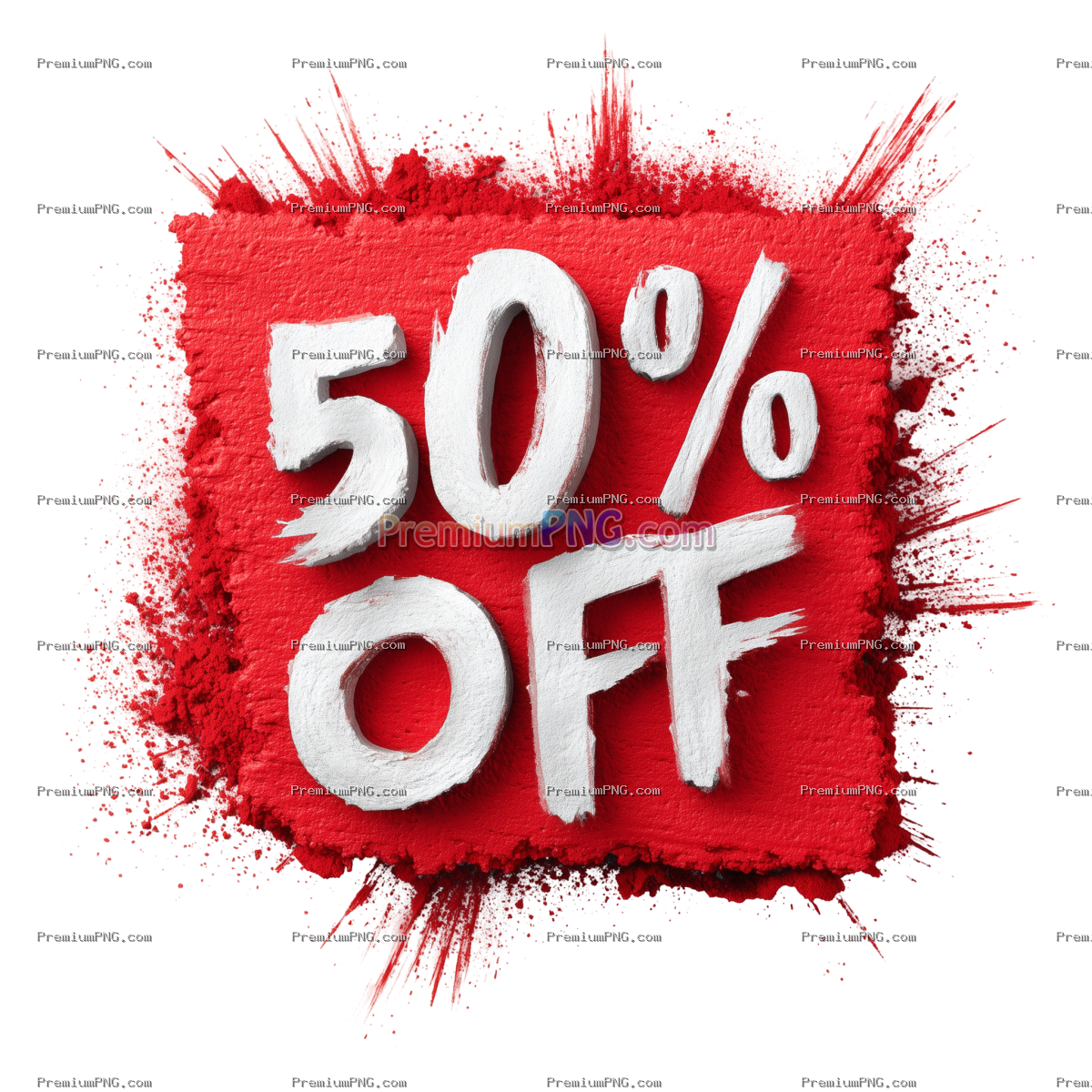 Red fifty percent off sign on transparent background