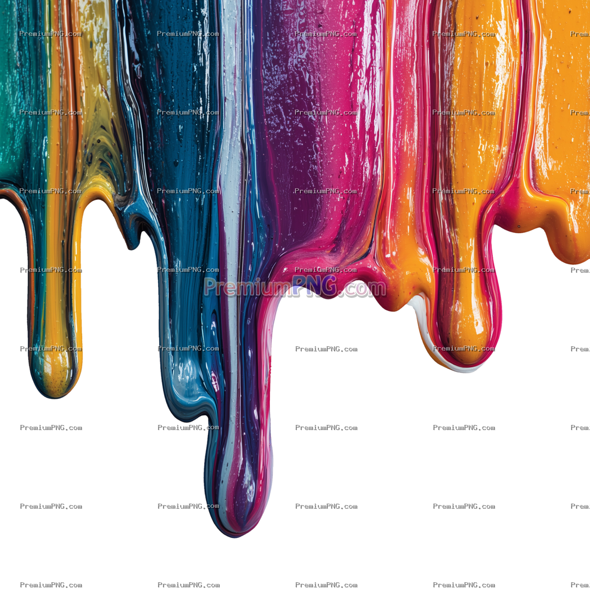 Vibrant Paint Drips with Rainbow Colors and Glossy Finish, Abstract Background, Fluid Art PNG Isolat