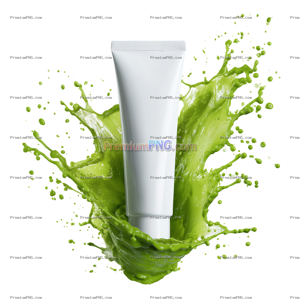White cosmetic tube emerging from a vibrant green liquid splash isolated on transparent background