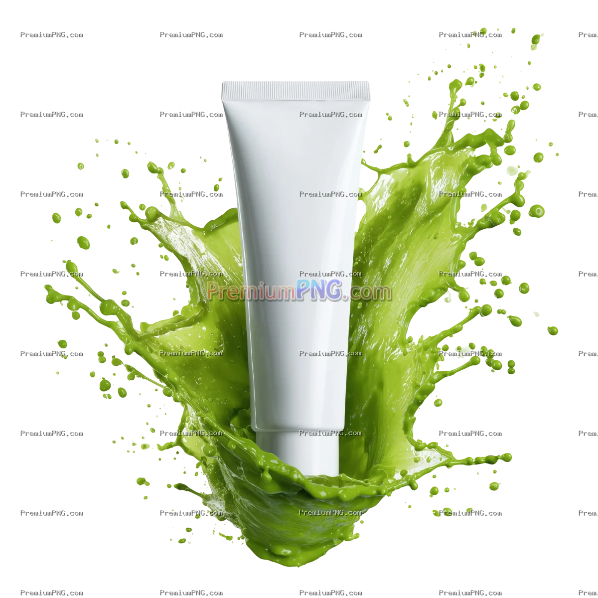 White cosmetic tube emerging from a vibrant green liquid splash isolated on transparent background
