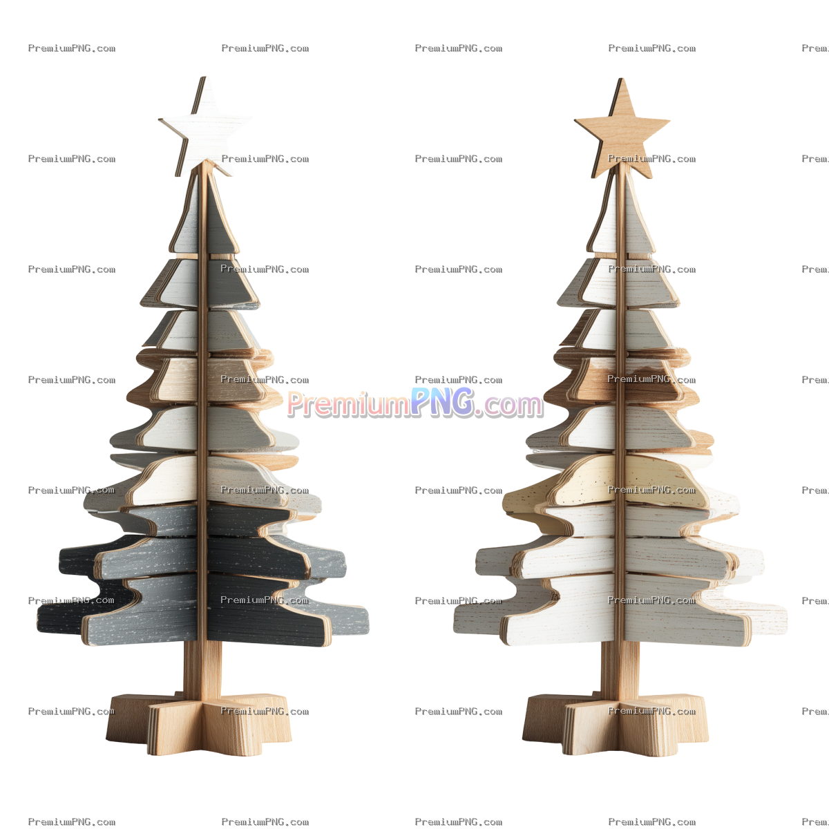 Wooden Christmas Tree with Gray Slats and White Star on Stand PNG Cutout