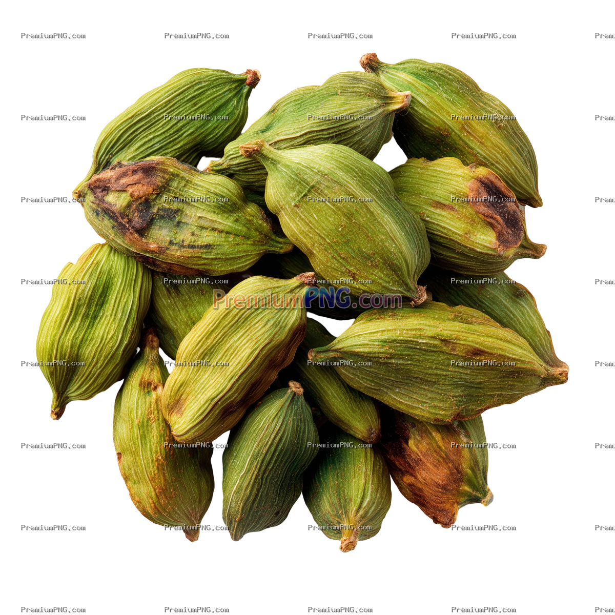 Organic Whole Green Cardamom Pods Isolated on Transparent Background