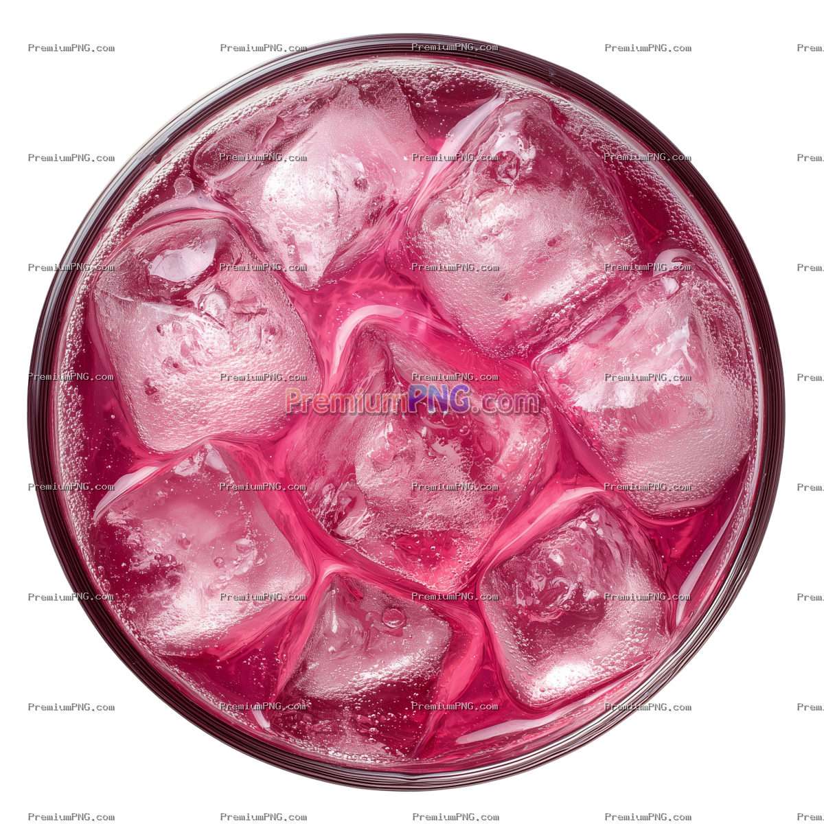 Fresh Red Pomegranate Juice with Ice Cubes Top View PNG