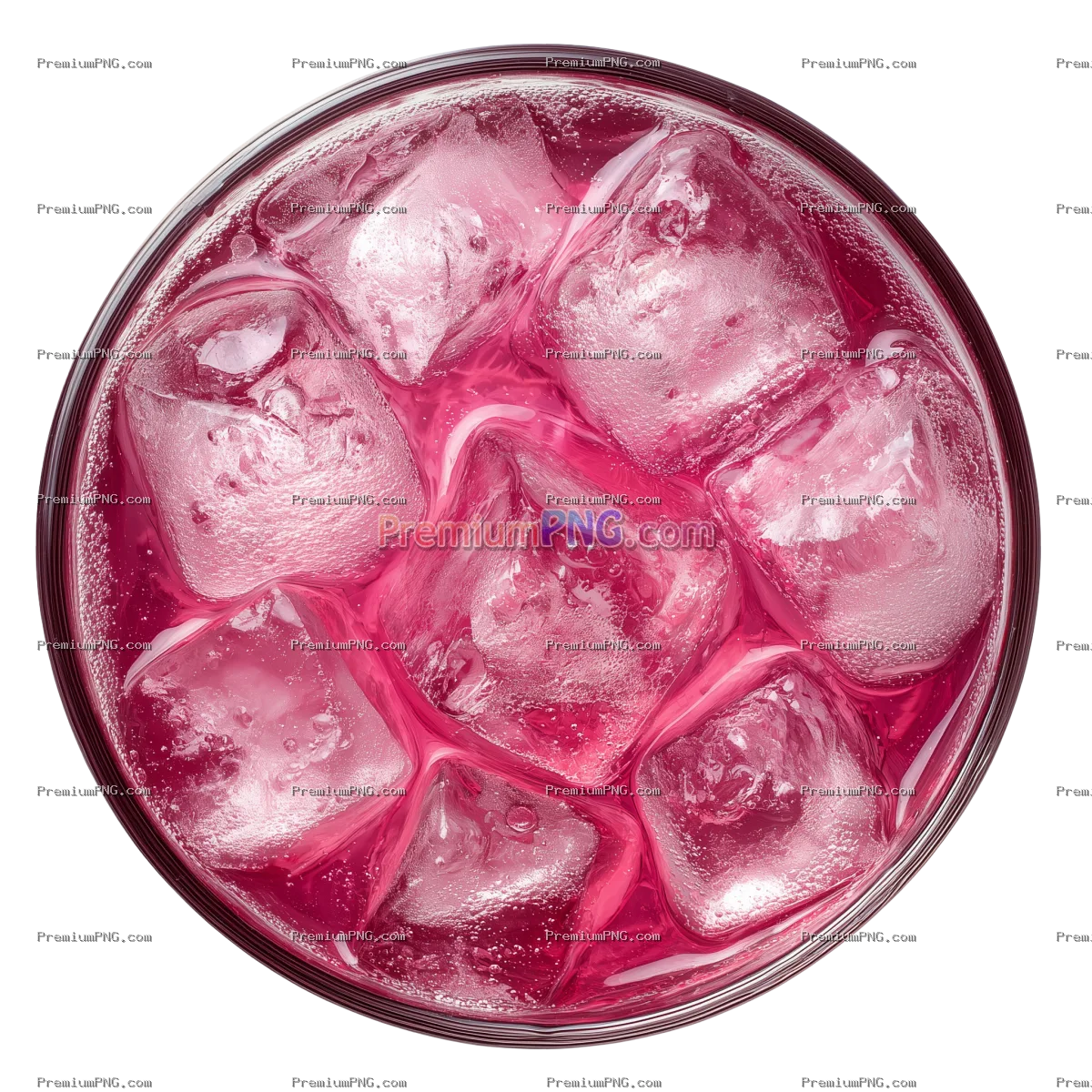 Fresh Red Pomegranate Juice with Ice Cubes Top View PNG