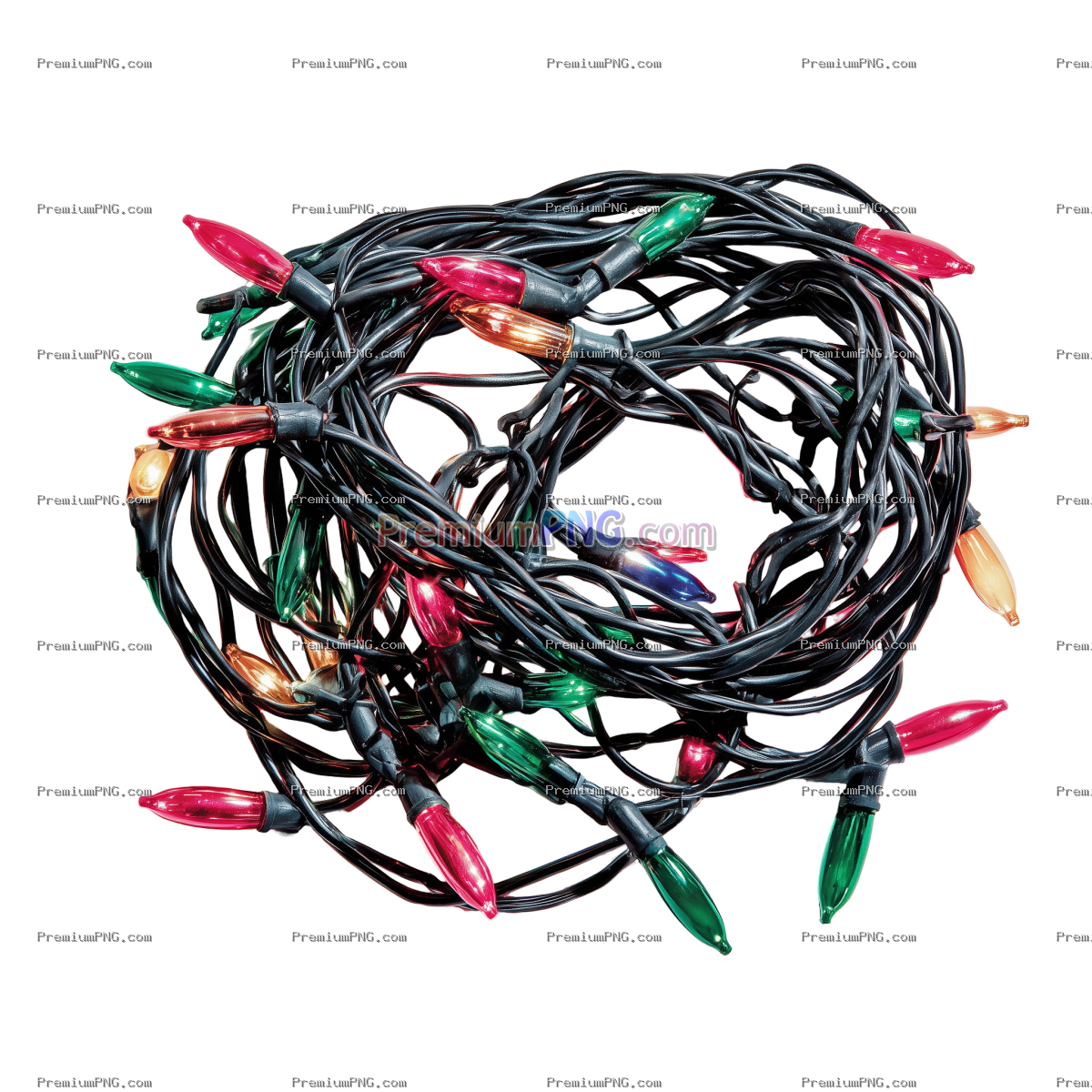 a tangled bundle of colorful christmas lights on black cables on transparent background