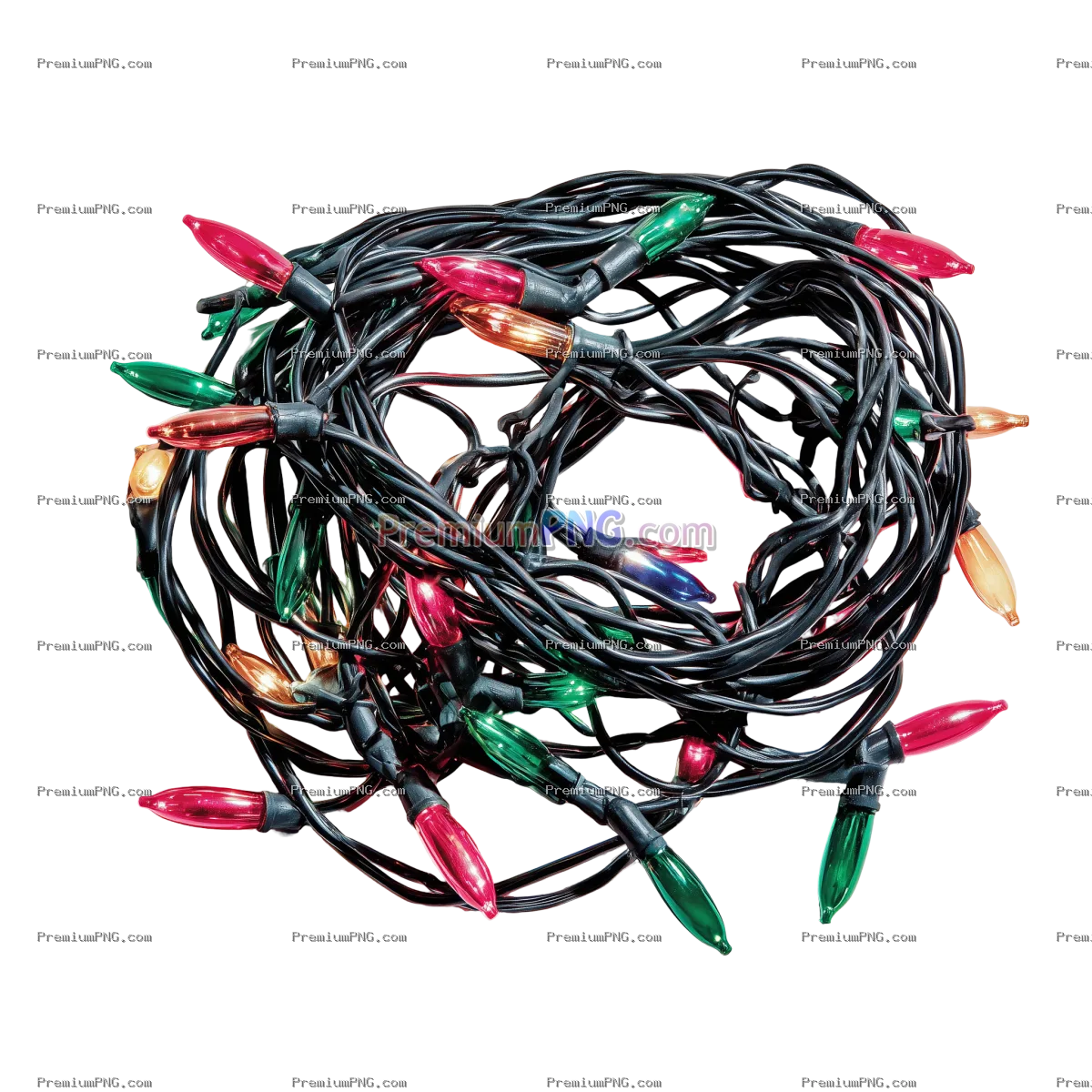 a tangled bundle of colorful christmas lights on black cables on transparent background