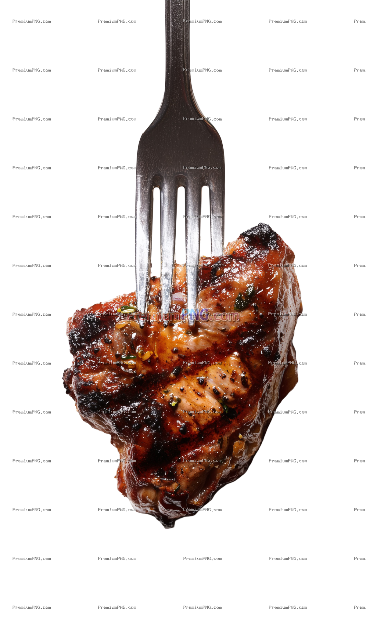 a grilled piece of meat on a fork against a white background